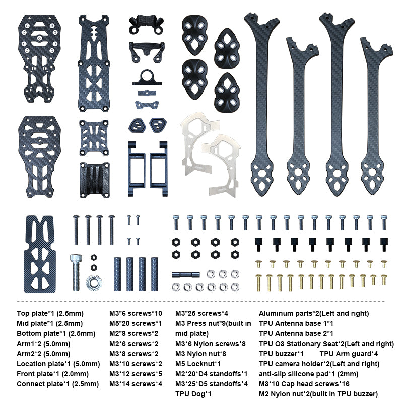 Robot building kit with various parts, including aluminum, screws, and plastic components.