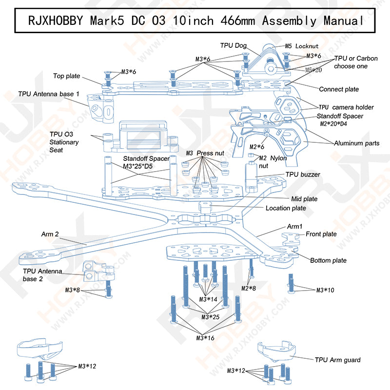 Carbon fiber frame kit for RC drone racing, includes assembly manual and various components.