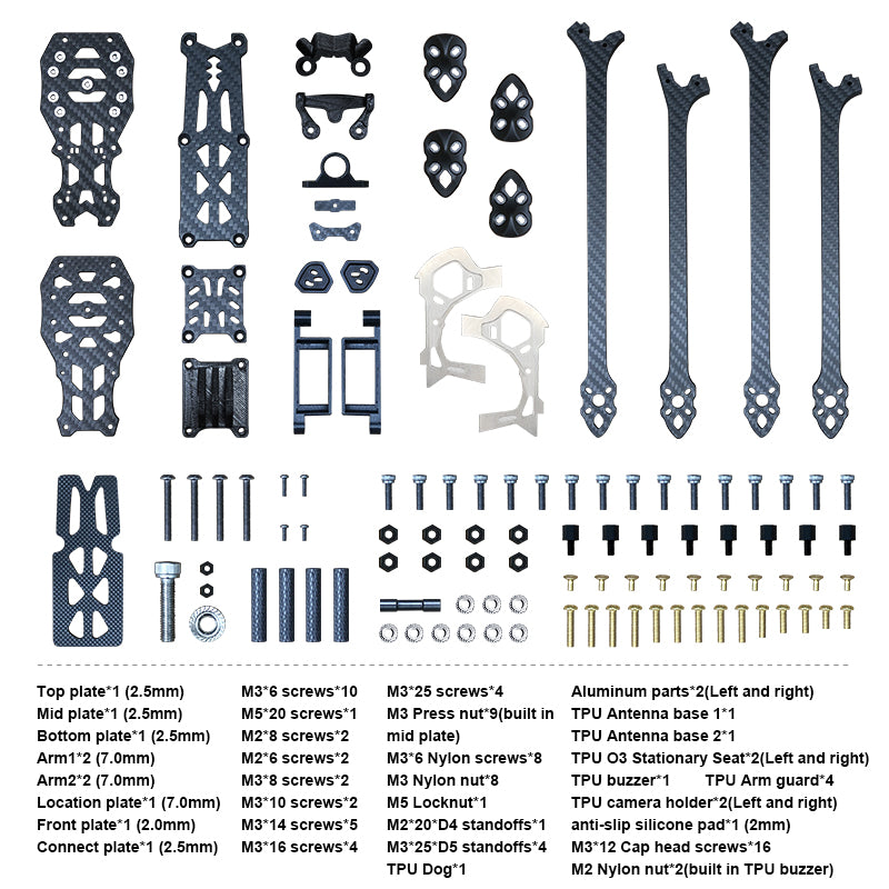 Carbon fiber frame kit for assembly, includes aluminum/plastic parts, screws, nuts, and accessories.