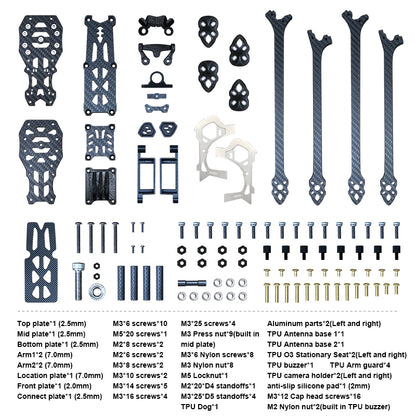 Carbon fiber frame kit for assembly, includes aluminum/plastic parts, screws, nuts, and accessories.