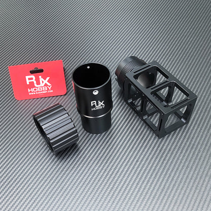 RJX Hobby quick-release UAV pipe clamp set with black aluminum sleeve, knurled locking ring, and mount bracket