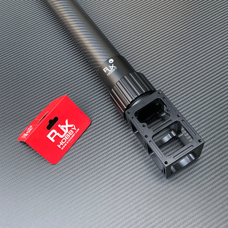 RJX Hobby quick-release folding arm pipe clamp mounted on a carbon fiber drone tube with locking collar
