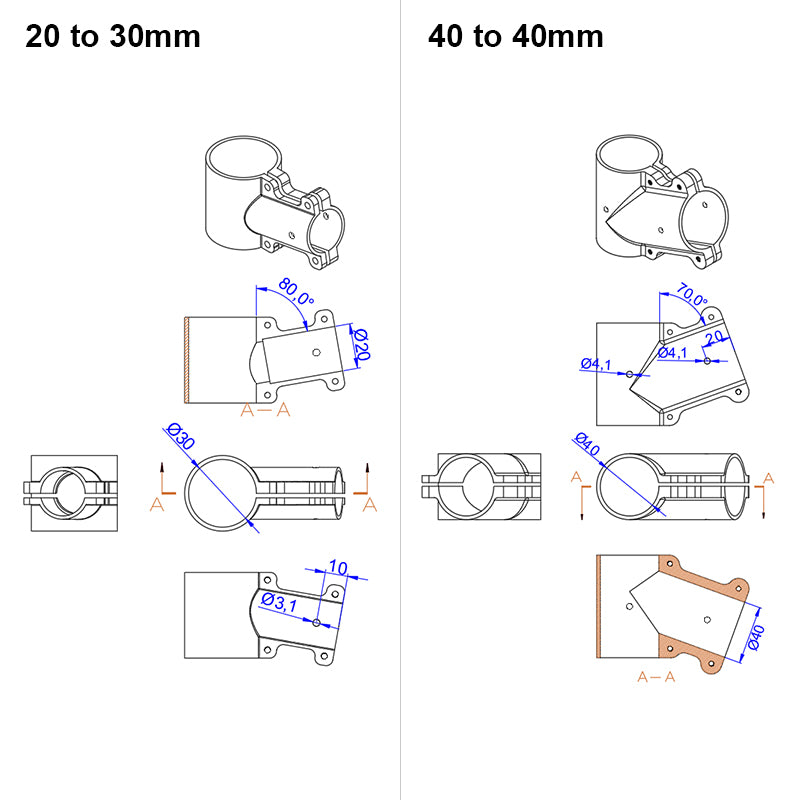 RJX 1 Stück 16mm / 20mm / 20 auf 25mm / 20 auf 30mm / 25mm / 25 auf 30mm / 30mm / 40mm T-Stück Landegestell-Verbinder für RC Pflanzendrohne UAV
