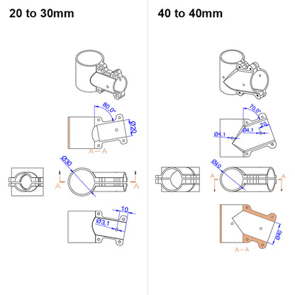 RJX 1 Stück 16mm / 20mm / 20 auf 25mm / 20 auf 30mm / 25mm / 25 auf 30mm / 30mm / 40mm T-Stück Landegestell-Verbinder für RC Pflanzendrohne UAV