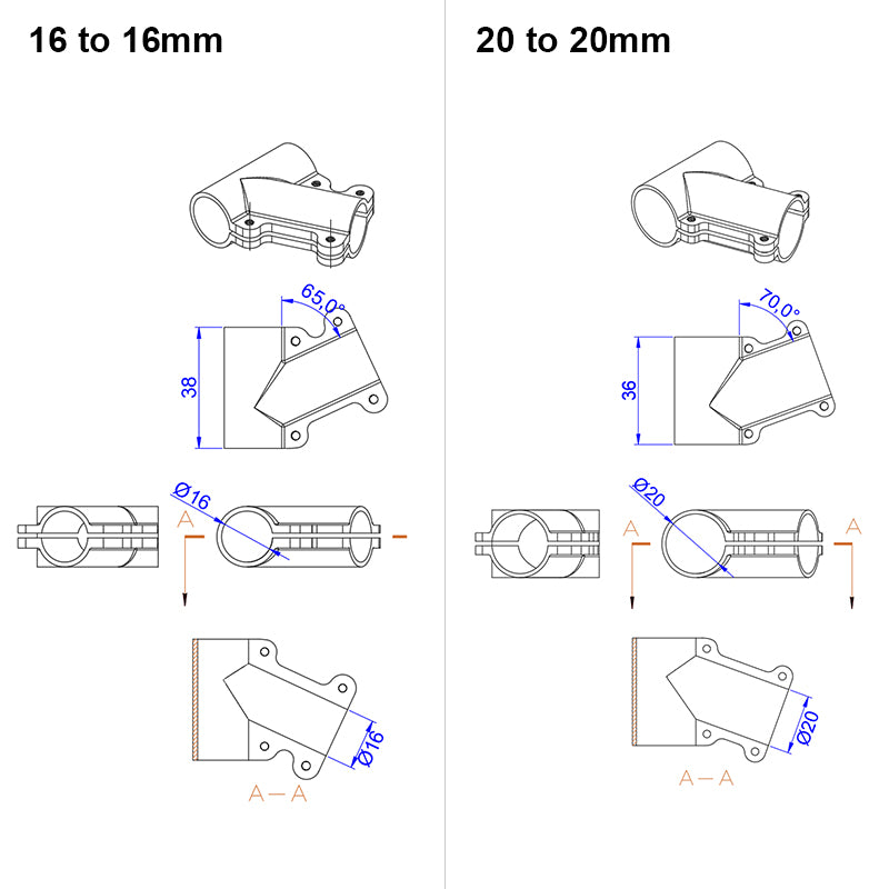 RJX 1 Stück 16mm / 20mm / 20 auf 25mm / 20 auf 30mm / 25mm / 25 auf 30mm / 30mm / 40mm T-Stück Landegestell-Verbinder für RC Pflanzendrohne UAV