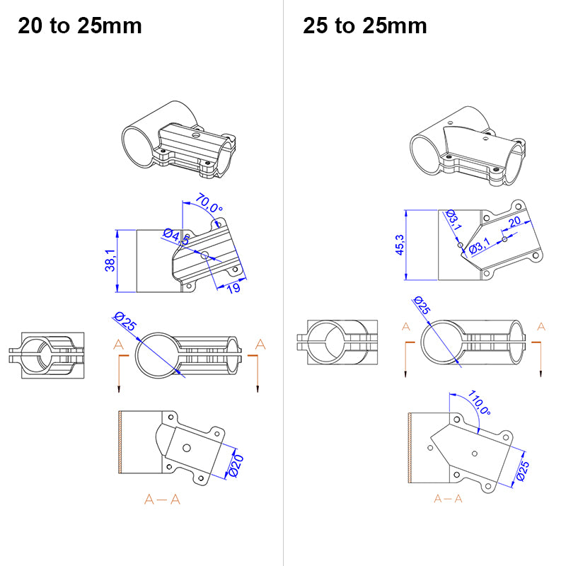 RJX 1 Stück 16mm / 20mm / 20 auf 25mm / 20 auf 30mm / 25mm / 25 auf 30mm / 30mm / 40mm T-Stück Landegestell-Verbinder für RC Pflanzendrohne UAV