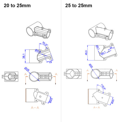 RJX 1 Stück 16mm / 20mm / 20 auf 25mm / 20 auf 30mm / 25mm / 25 auf 30mm / 30mm / 40mm T-Stück Landegestell-Verbinder für RC Pflanzendrohne UAV