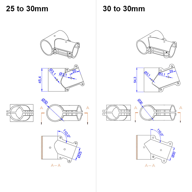 RJX 1 Stück 16mm / 20mm / 20 auf 25mm / 20 auf 30mm / 25mm / 25 auf 30mm / 30mm / 40mm T-Stück Landegestell-Verbinder für RC Pflanzendrohne UAV