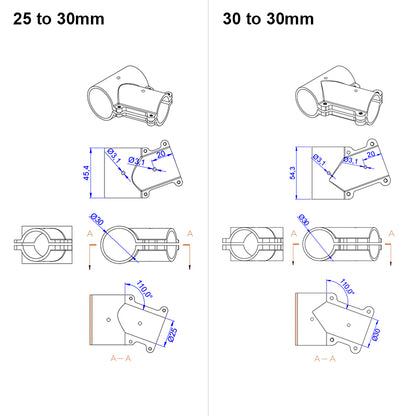 RJX 1 Stück 16mm / 20mm / 20 auf 25mm / 20 auf 30mm / 25mm / 25 auf 30mm / 30mm / 40mm T-Stück Landegestell-Verbinder für RC Pflanzendrohne UAV