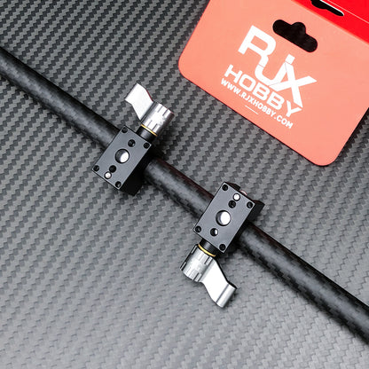 RJX 2pcs Tarot Mount, Two RJX Tarot-style black metal tube mounts with silver thumb screws clamped to a carbon fiber boom
