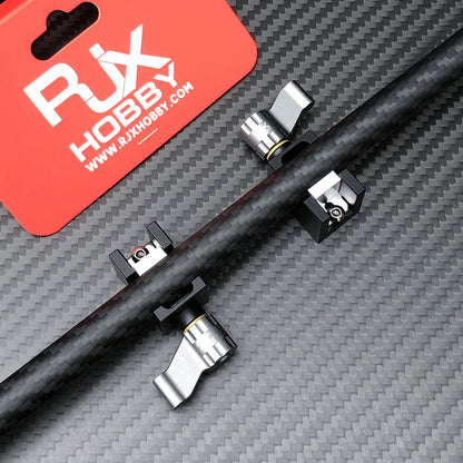 RJX 2pcs Tarot Mount, RJX Hobby Tarot-style metal clamp mounts with silver lever screws attached to a carbon fiber tube boom