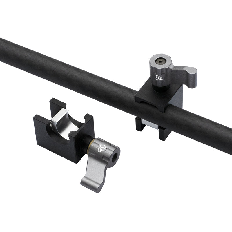 RJX 2pcs Tarot Mount, Two RJX Tarot tube mounts with quick-release lever clamps attached to a carbon fiber boom tube