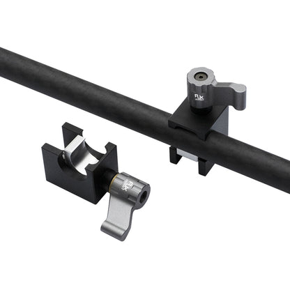 RJX 2pcs Tarot Mount, Two RJX Tarot tube mounts with quick-release lever clamps attached to a carbon fiber boom tube
