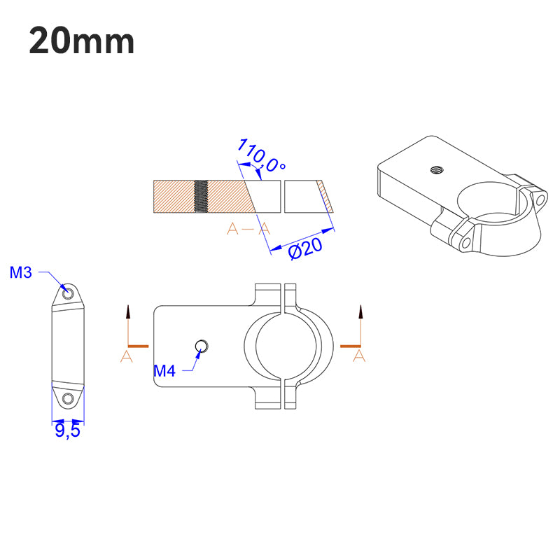 RJX UAV Drone Tube Mount, RJX UAV 20mm drone tube mount clamp drawing with Ø20 ring, 110° angle, and M3/M4 mounting holes