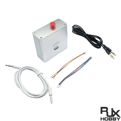 RJXHOBBY fiber-optic data link module with metal housing, USB-C port, and included 3.5mm cables and wiring leads