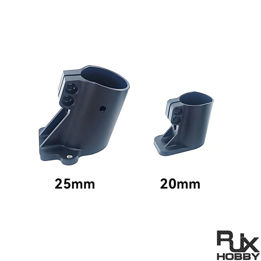 Black RJXHOBBY UAV landing gear fixed mount clamps, showing 25mm and 20mm tube sizes with bolt fasteners
