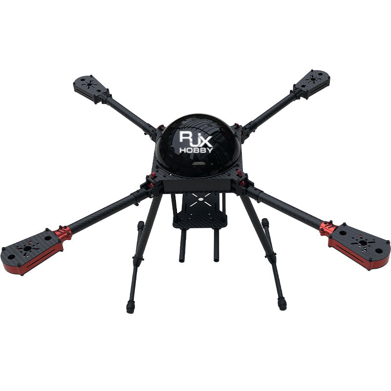 RJX650 650mm quadcopter frame with four carbon-fiber arms, motor mount plates, and landing gear legs