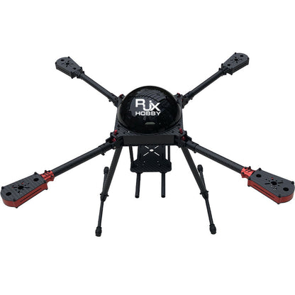 RJX650 650mm quadcopter frame with four carbon-fiber arms, motor mount plates, and landing gear legs