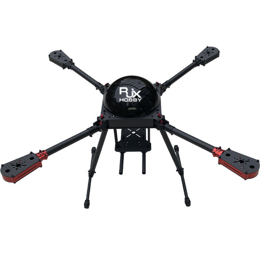 RJX650 650mm quadcopter frame with four carbon-fiber arms, motor mount plates, and landing gear legs
