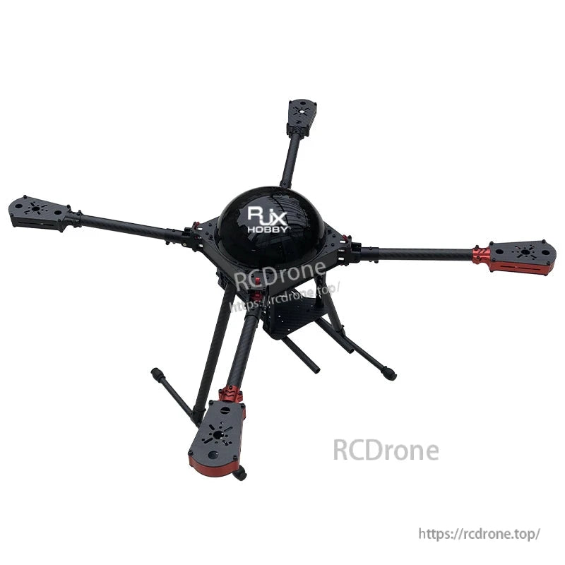 RJX650 carbon fiber quadcopter frame with four arms, central dome body, and motor mount plates