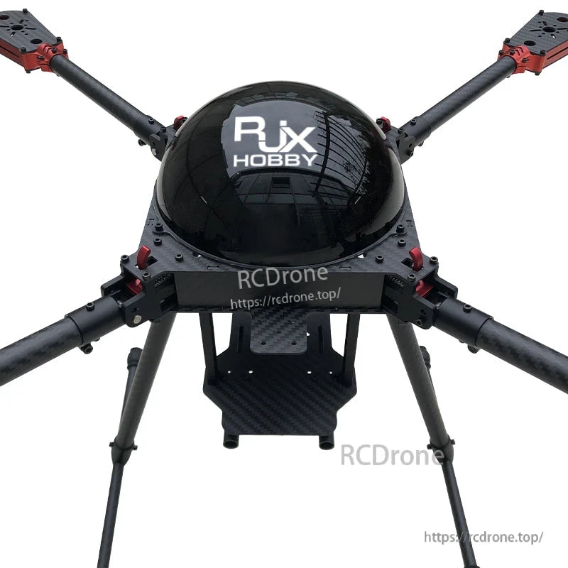 RJX650 carbon fiber quadcopter frame with folding arms, dome top cover, motor mounts, and tall landing legs