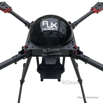RJX650 carbon fiber quadcopter frame with folding arms, dome top cover, motor mounts, and tall landing legs