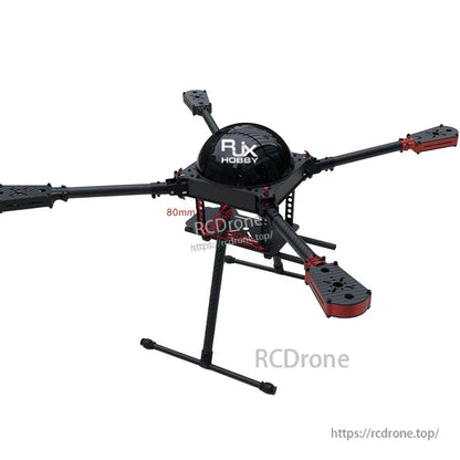 RJX650 650mm carbon fiber quadcopter frame with four arms, motor mount plates, and tall landing gear