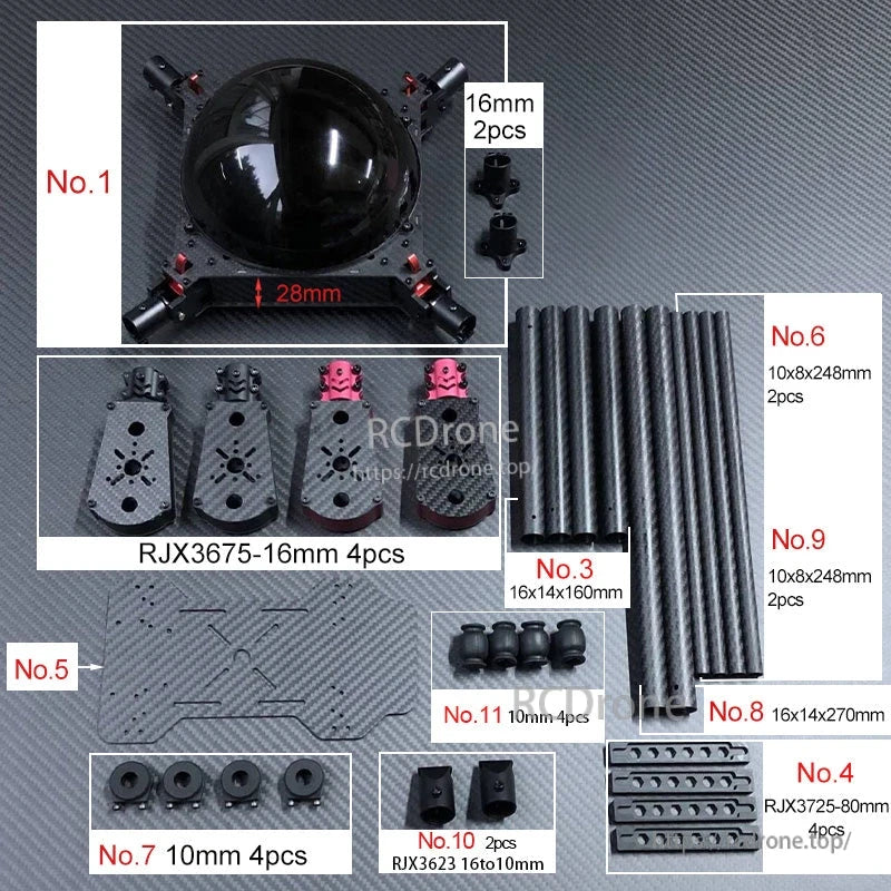 RJX650 quadcopter frame kit components with carbon fiber plates, motor mounts, and multiple carbon tube arms