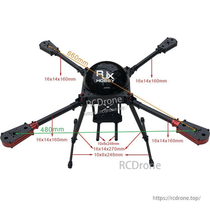 RJX650 carbon fiber quadcopter frame with motor mount plates and landing gear, labeled 660mm span