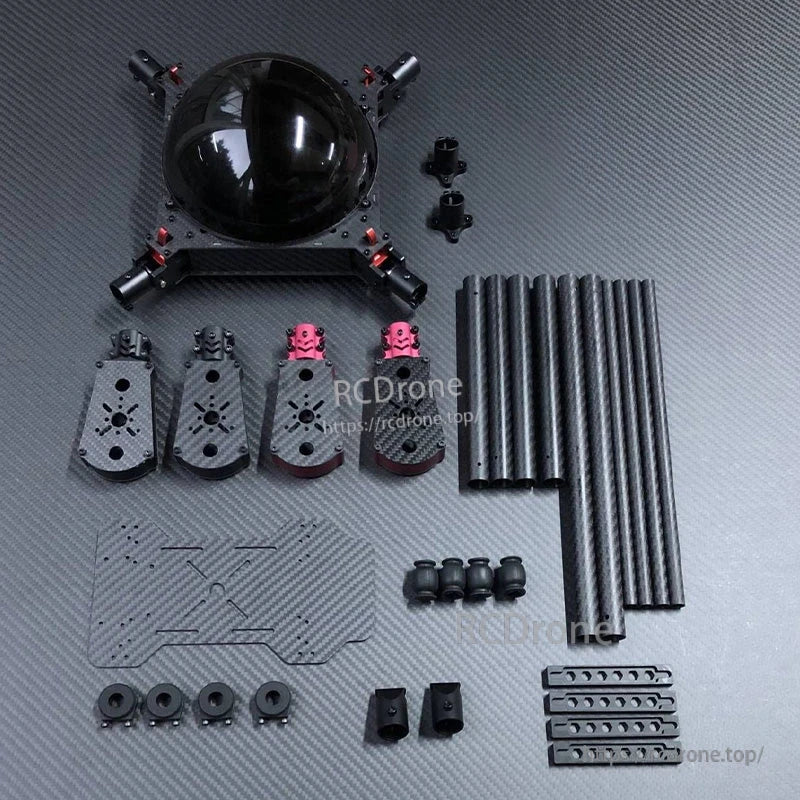 RJX650 quadcopter frame kit with central dome body, carbon fiber plates, motor mounts, and mounting rods