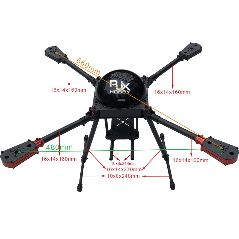 RJX 650mm 4-Axis Drone, Measurements: dimensions, motor mounts, and other parts.