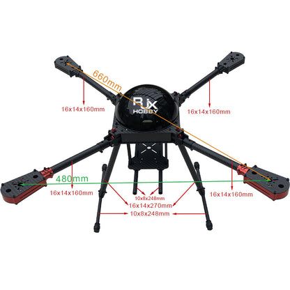 RJX 650mm 4-Axis Drone, Measurements: dimensions, motor mounts, and other parts.