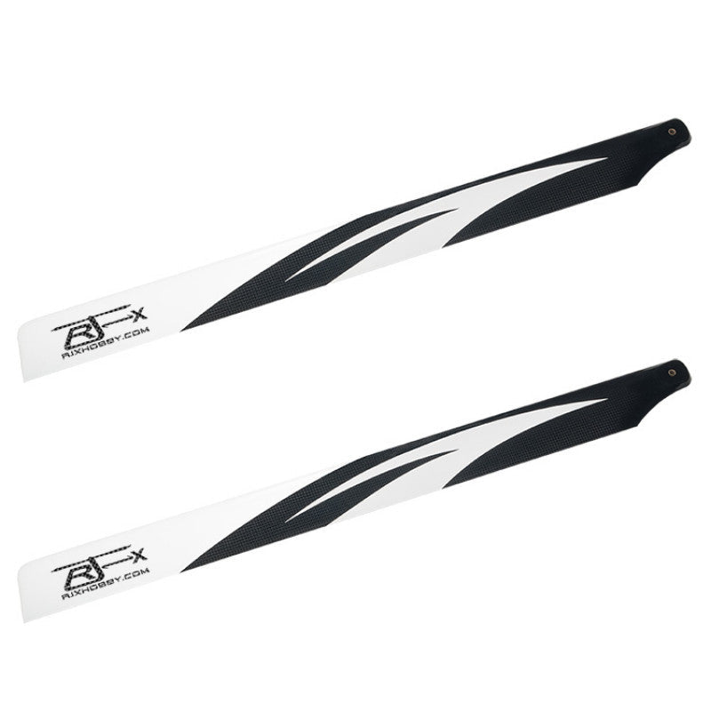 Pair of RJXHOBBY 600mm carbon fiber main rotor blades in black and white with mounting holes
