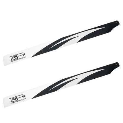 Pair of RJXHOBBY 600mm carbon fiber main rotor blades in black and white with mounting holes