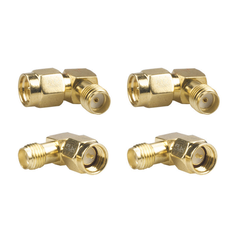 Pack of four gold-plated SMA male to female 90-degree right-angle coaxial RF adapters