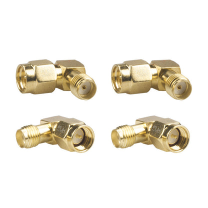 Pack of four gold-plated SMA male to female 90-degree right-angle coaxial RF adapters