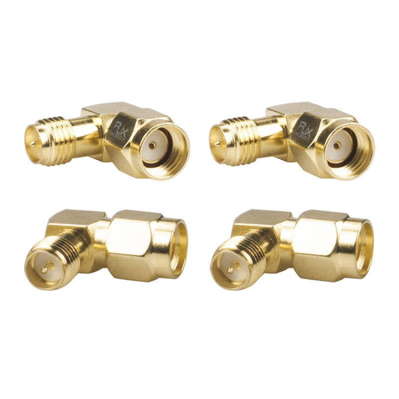 Four gold RP-SMA right-angle 90-degree coaxial adapters, female to male, for antenna or RF cable connections