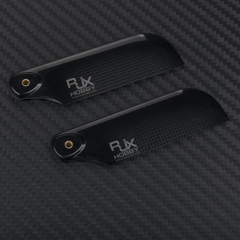 RJXHOBBY RJX 80mm 1K Carbon Fiber Tail Blades, Pair of RJXHOBBY 80mm black carbon fiber tail blades with RJX logo and brass-bushed mounting holes