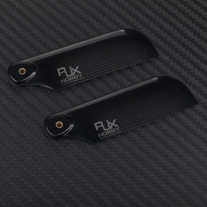 RJXHOBBY RJX 80mm 1K Carbon Fiber Tail Blades, Pair of RJXHOBBY 80mm black carbon fiber tail blades with RJX logo and brass-bushed mounting holes