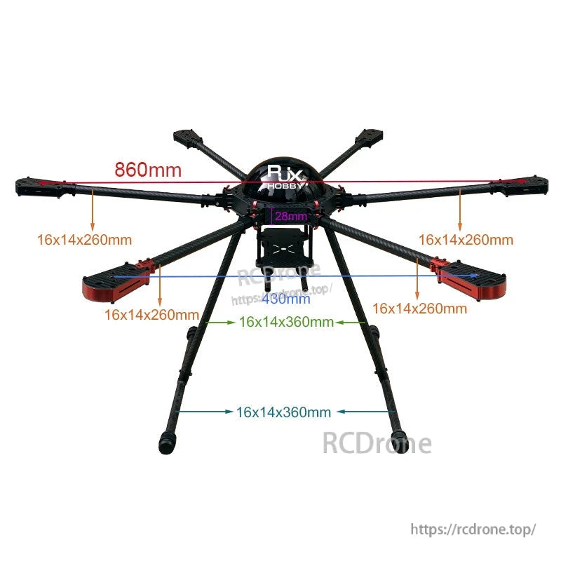 Carbon fiber folding hexacopter frame with landing gear, six arms and motor mount plates, approx. 860mm span