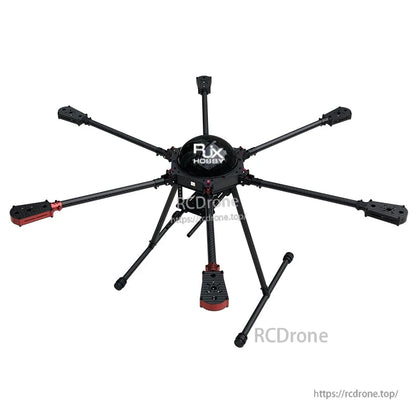 RJX850 carbon fiber folding hexacopter frame with six arms, central hub, and tall landing gear