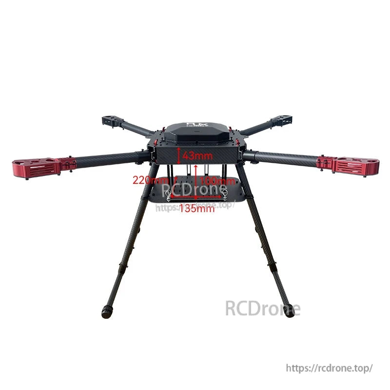 Carbon fiber folding quadcopter frame with landing gear, four tube arms and red motor mounts, with size markings