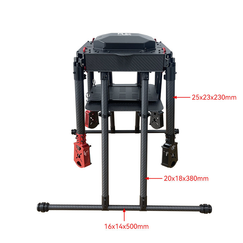 Carbon fiber quadcopter landing gear assembly with long crossbar skids and mounting tubes, with size labels