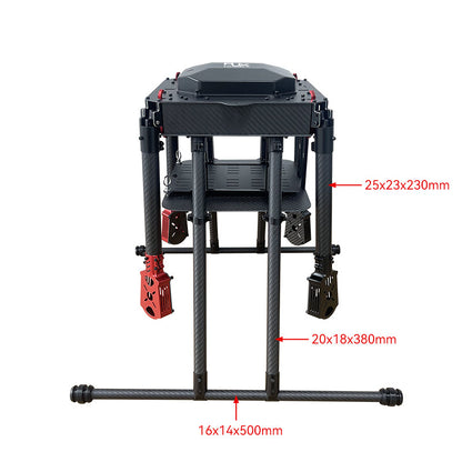 Carbon fiber quadcopter landing gear assembly with long crossbar skids and mounting tubes, with size labels
