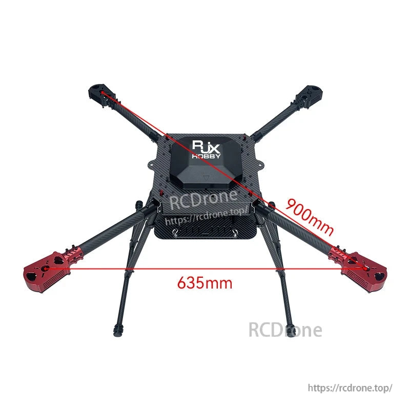 RJX900 carbon fiber folding quadcopter frame kit with landing gear, red motor mounts, 900mm diagonal