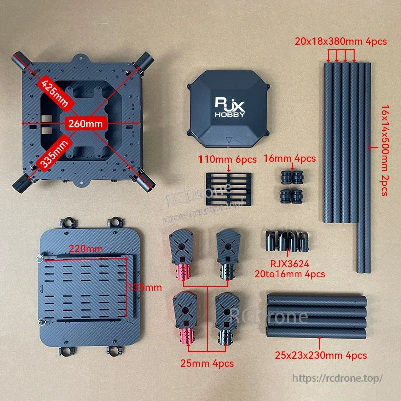 RJX Hobby carbon fiber quadcopter frame kit with plates, landing gear, motor mounts, and carbon tubes