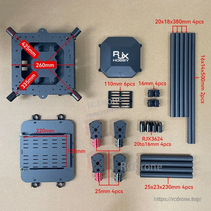RJX Hobby carbon fiber quadcopter frame kit with plates, landing gear, motor mounts, and carbon tubes