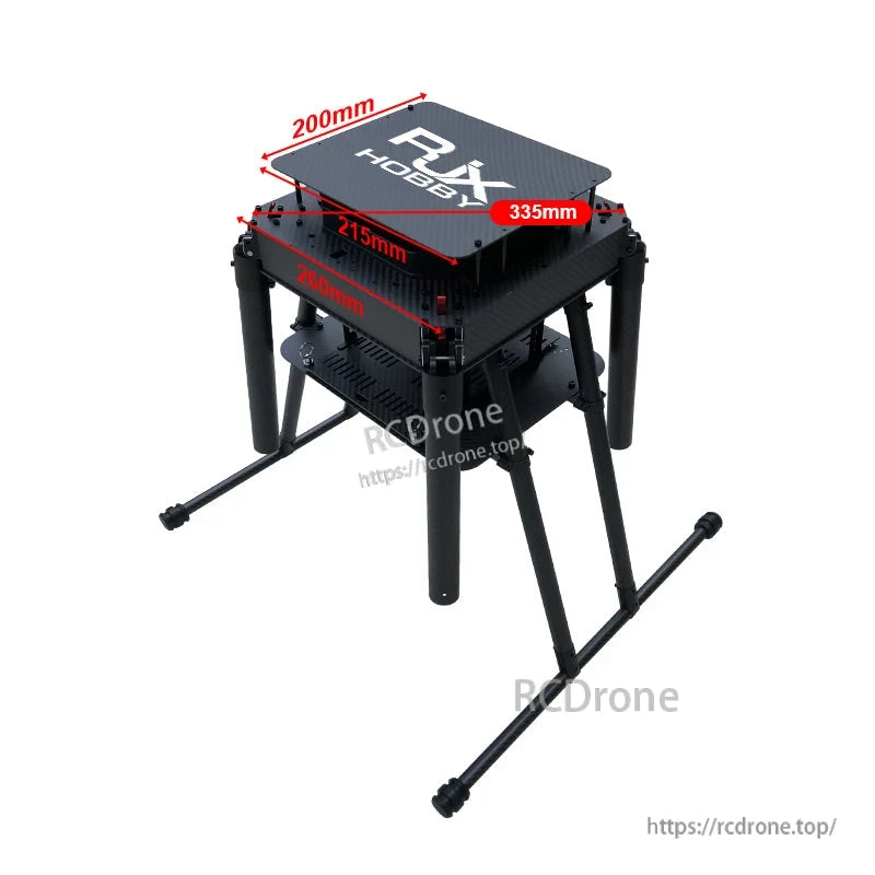 RJX Hobby carbon fiber folding quadcopter frame with landing gear, top plate marked 335mm and 200mm