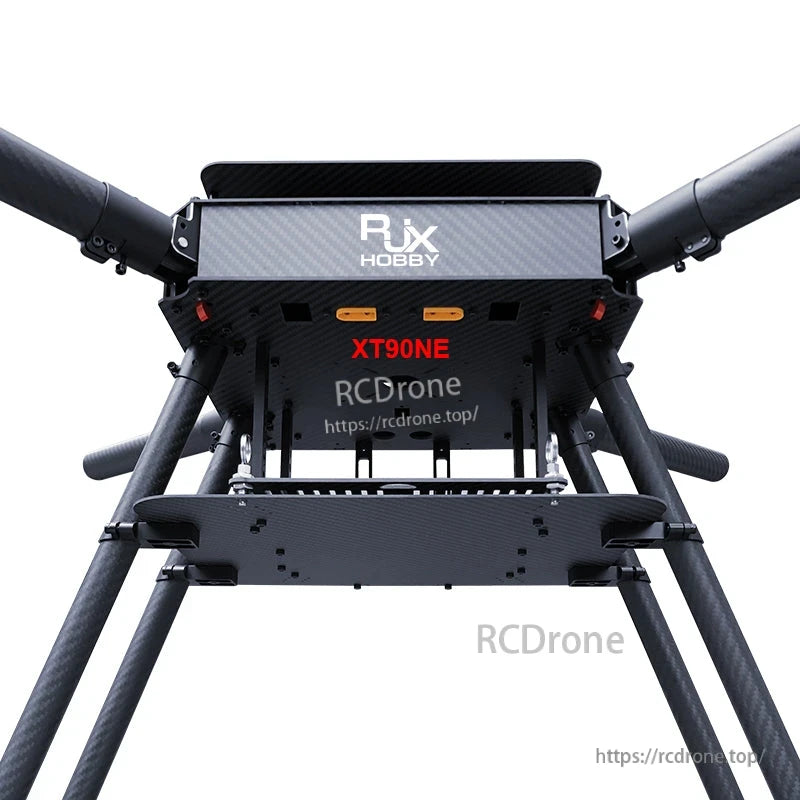 Underside view of RJX950B carbon fiber folding quadcopter frame with tube arms and XT90NE power connector