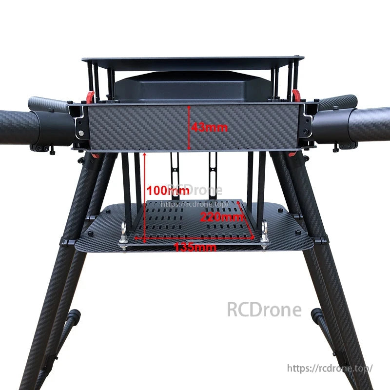 RJX950B carbon fiber folding quadcopter frame center section with 220 x 100 mm mounting plate and 43 mm clearance